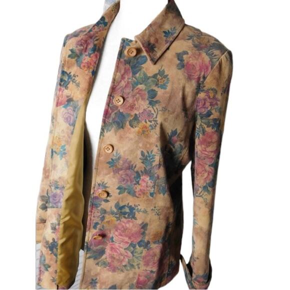 Vintage 90s Kate Hill Floral Leather Jacket – Size 4 Tan Rose Pattern Suede feel - Picture 9 of 14